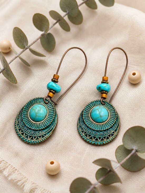 NKULTD Jewelry - Boho Turquoise Drop Earrings Bronze Ethnic Carved Mandala Statement Dangle